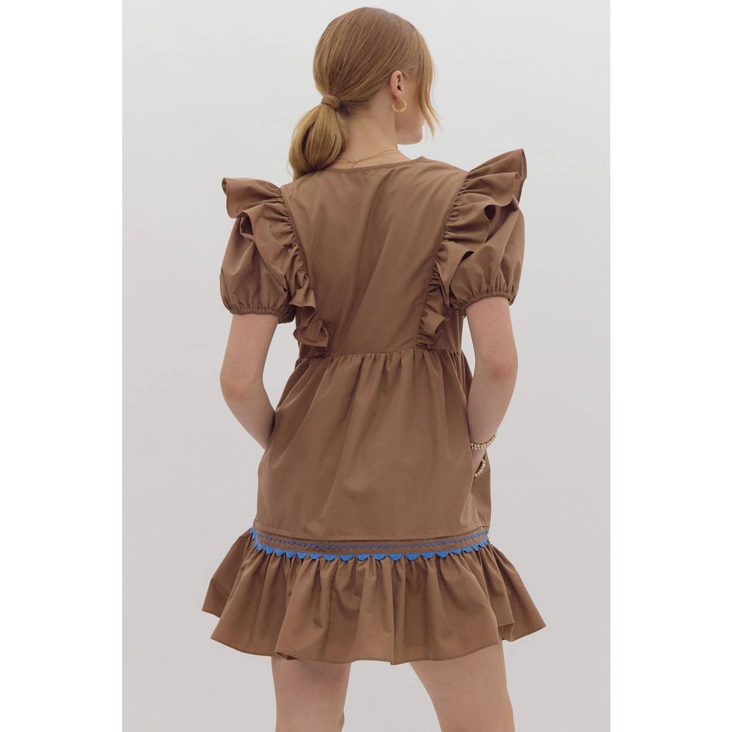 Mocha Dress with Blue Scalloped Thread