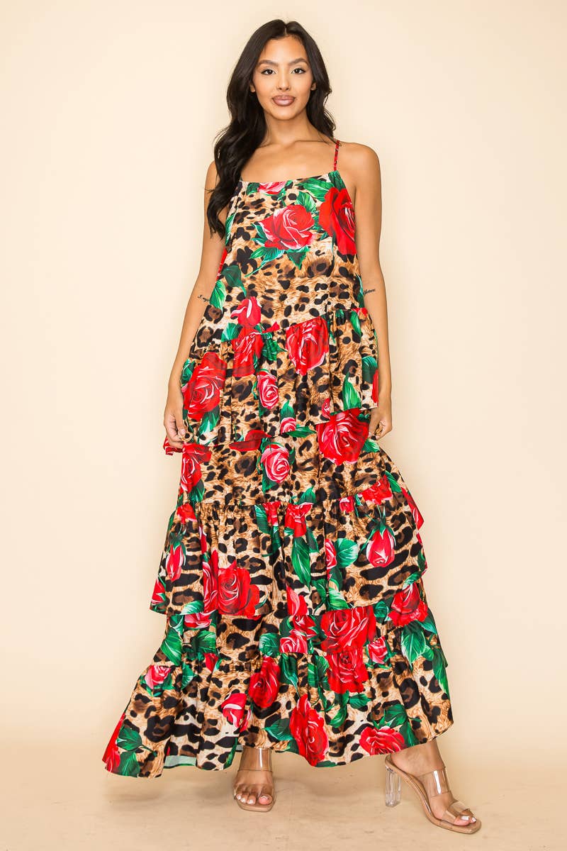 Bouquet of Roses Ruffle Maxi Dress