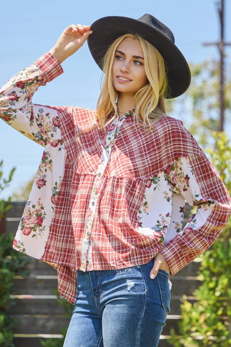 Plaid Floral Print Button Down Shirt