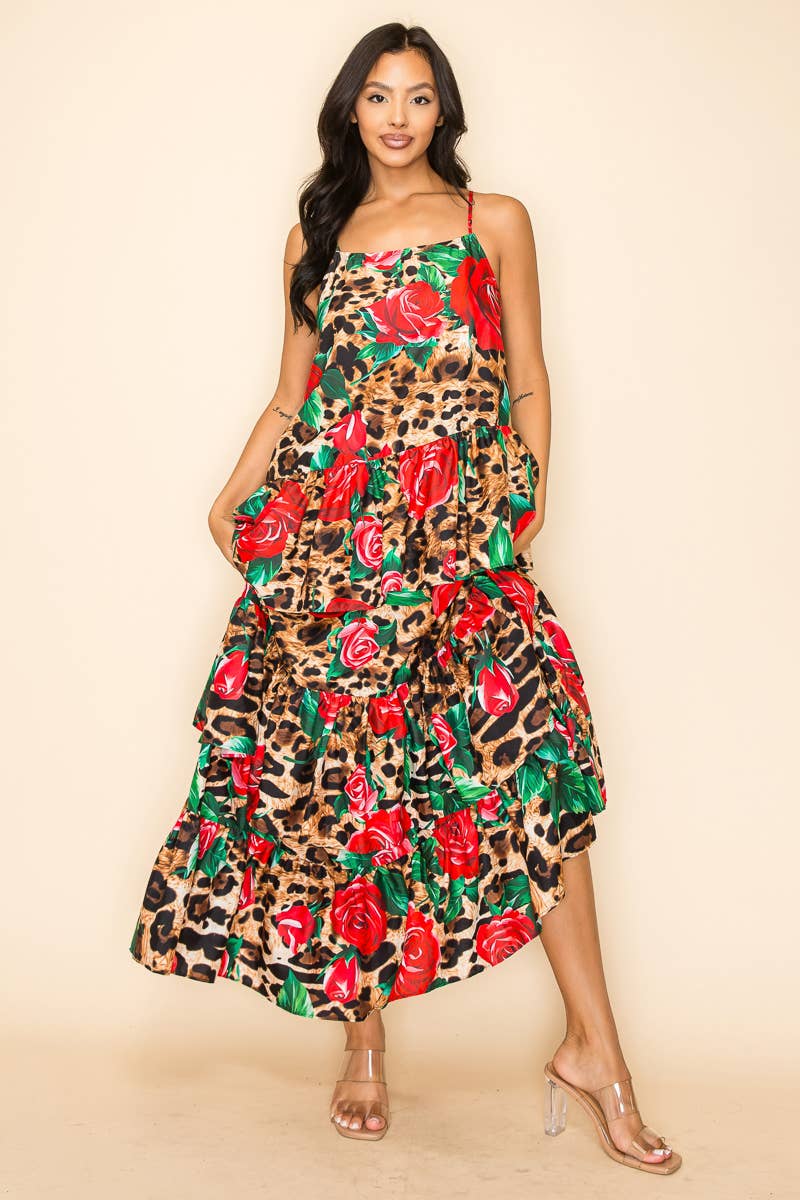 Bouquet of Roses Ruffle Maxi Dress