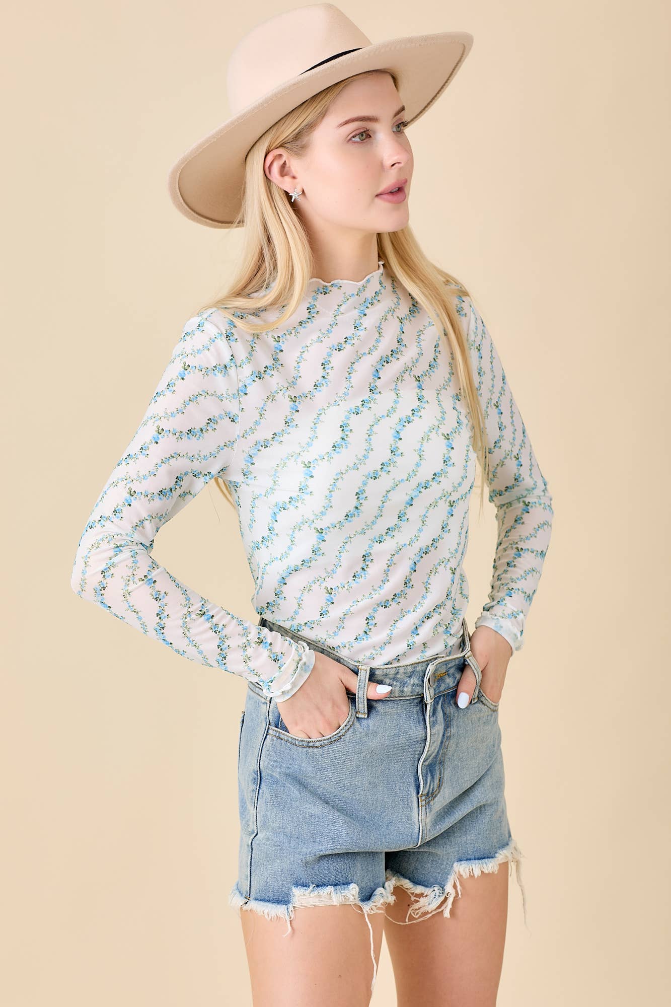 Blue Floral Printed Mesh Top