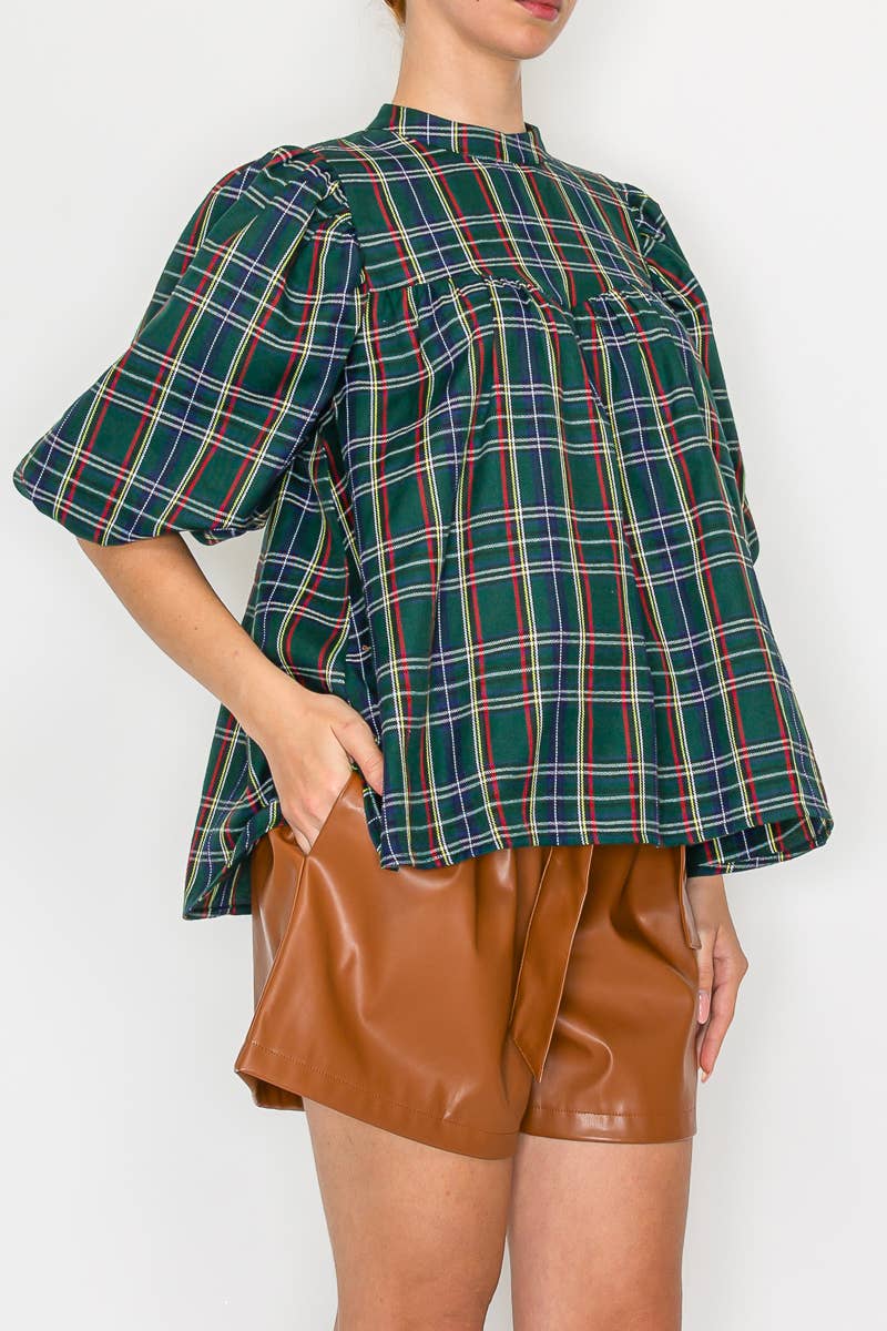 Holiday Plaid Bubble Sleeve Top