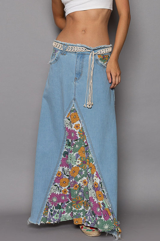 Floral Boho Denim Maxi Skirt