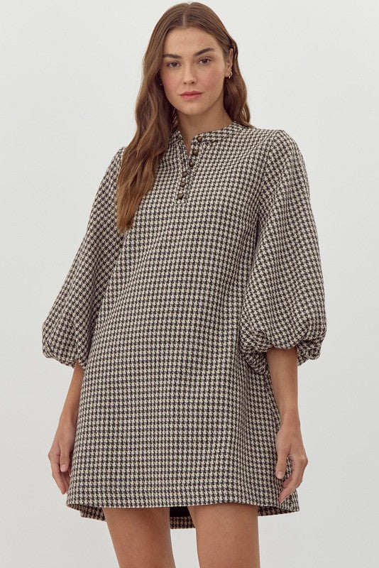 Houndstooth Puff Sleeve Dress