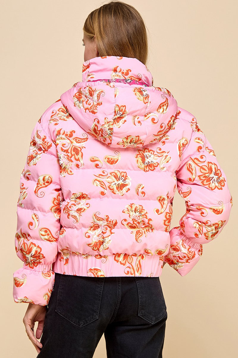 Pink Floral Printed Puffer Jacket