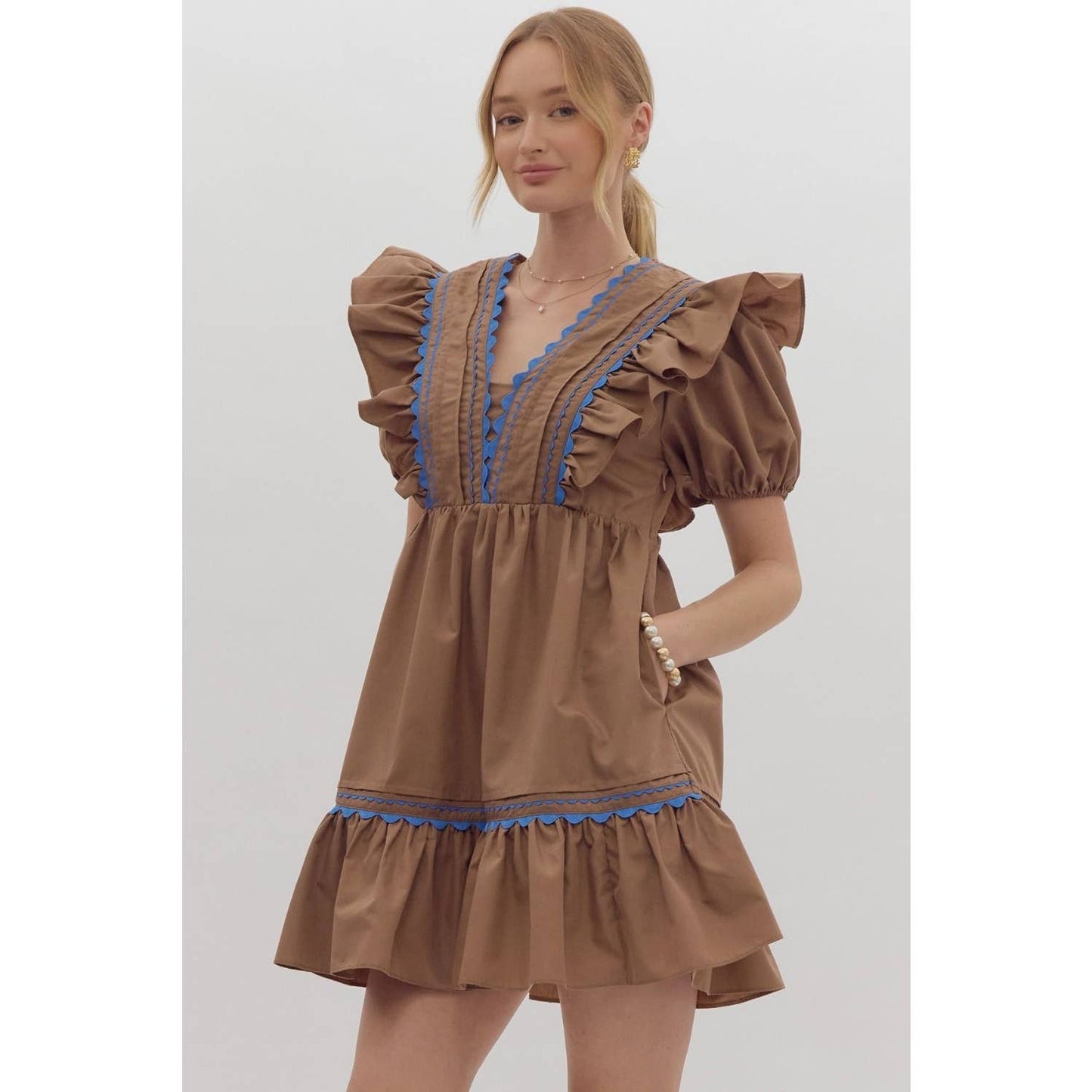 Mocha Dress with Blue Scalloped Thread