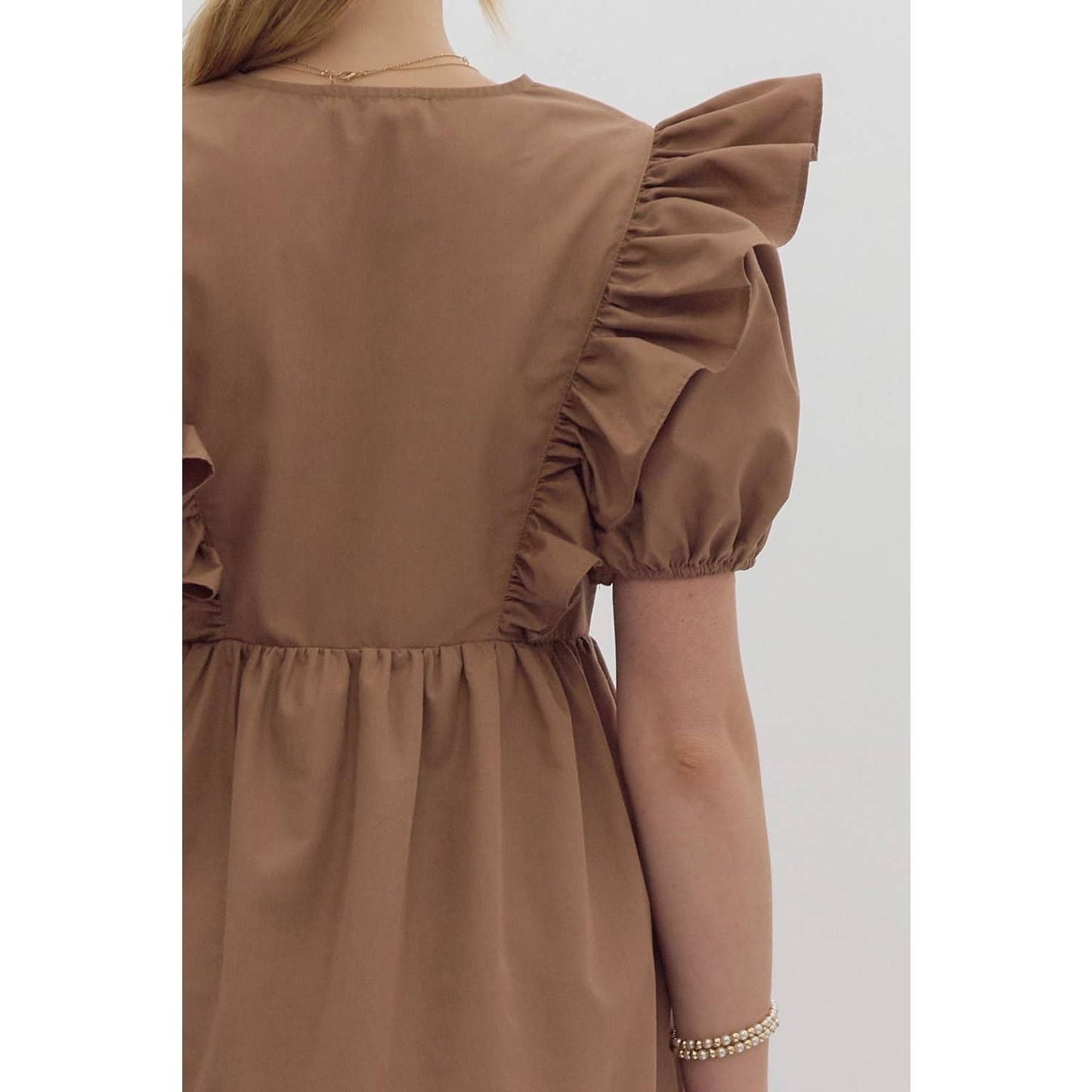 Mocha Dress with Blue Scalloped Thread