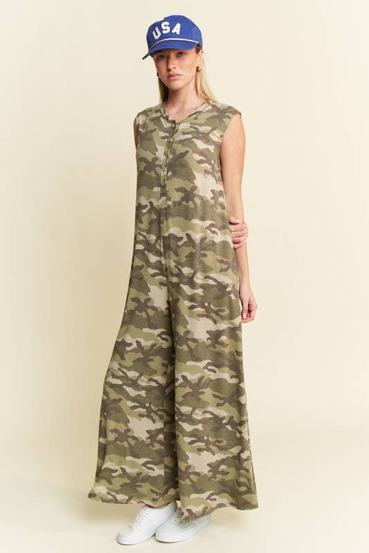 Camo Printed Wide Leg Jumpsuit
