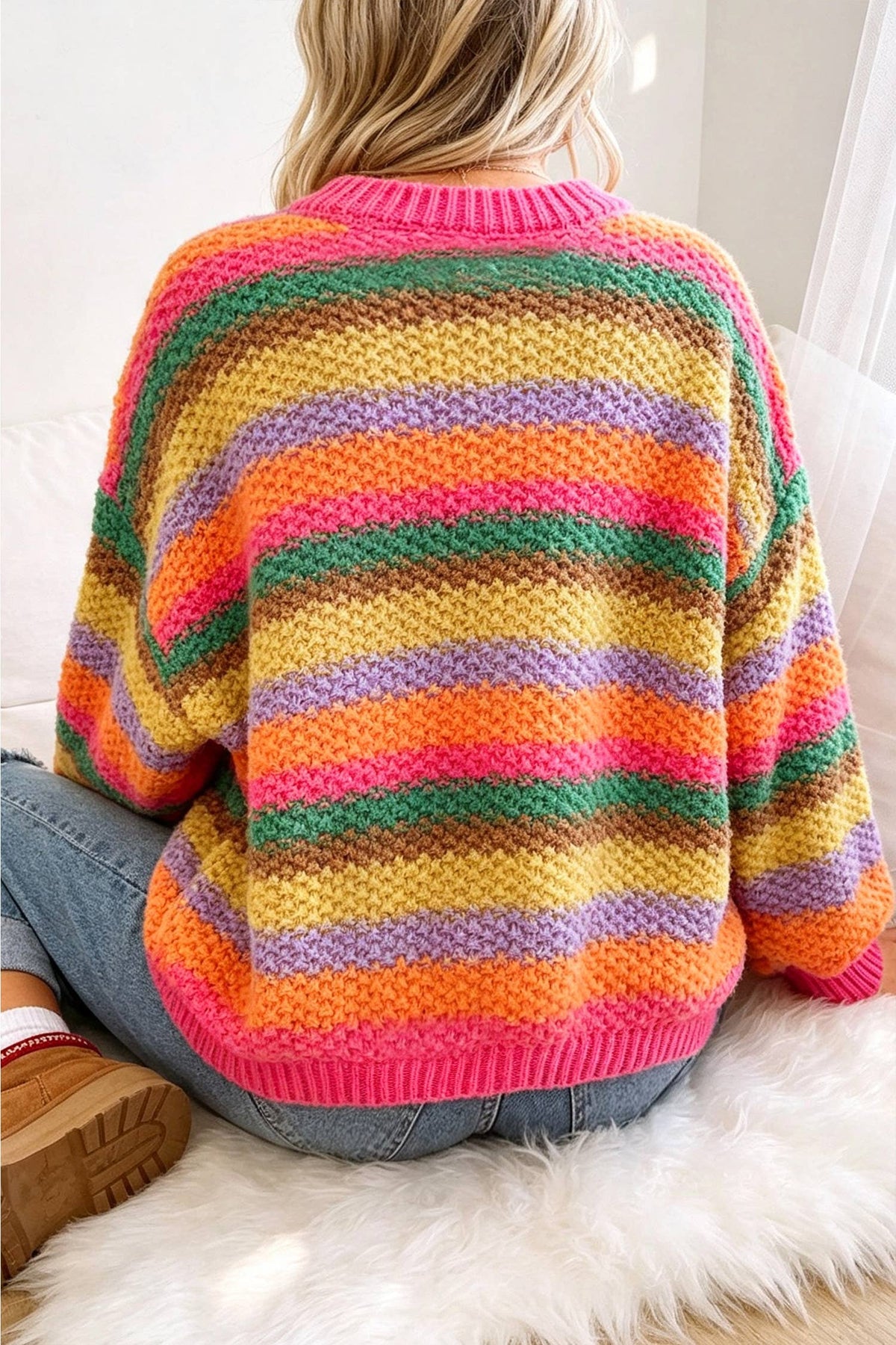Brinlee Striped Knit Round Neck Puff Sleeve Sweater