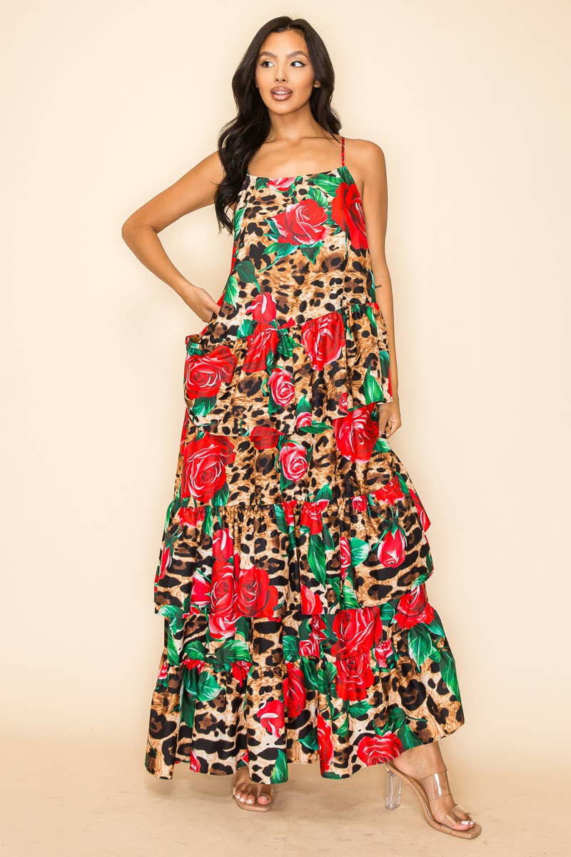 Bouquet of Roses Ruffle Maxi Dress