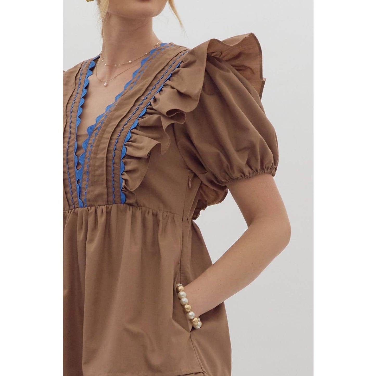 Mocha Dress with Blue Scalloped Thread