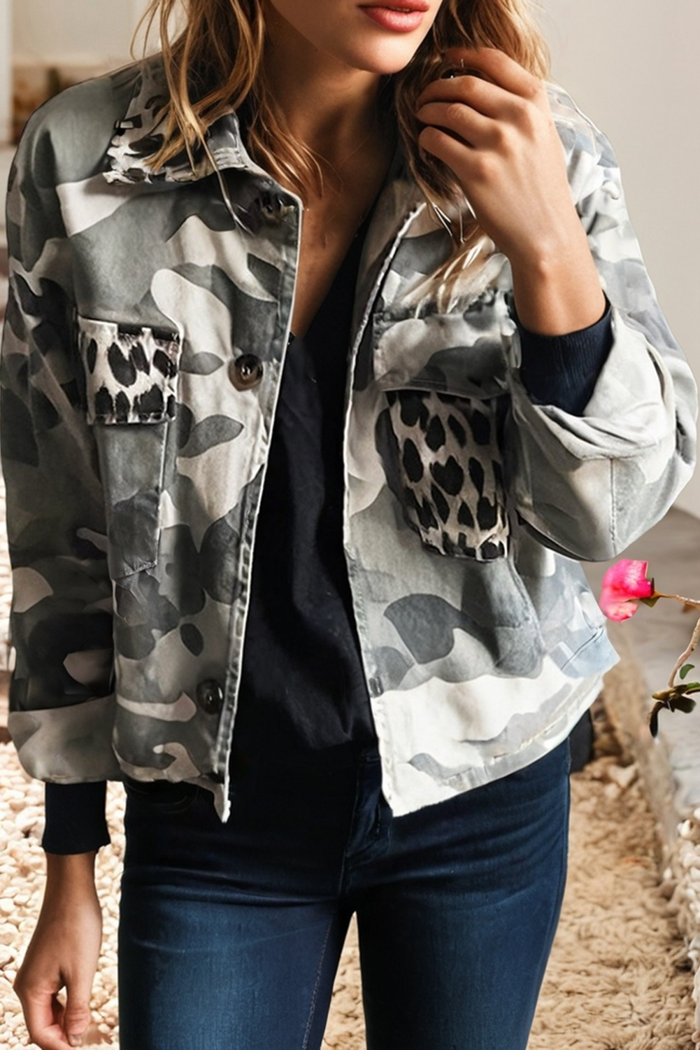 Camo Leopard Double Flap Pocket Collared Jacket