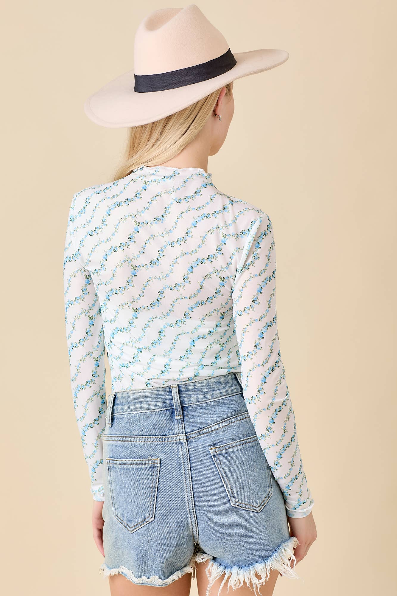 Blue Floral Printed Mesh Top