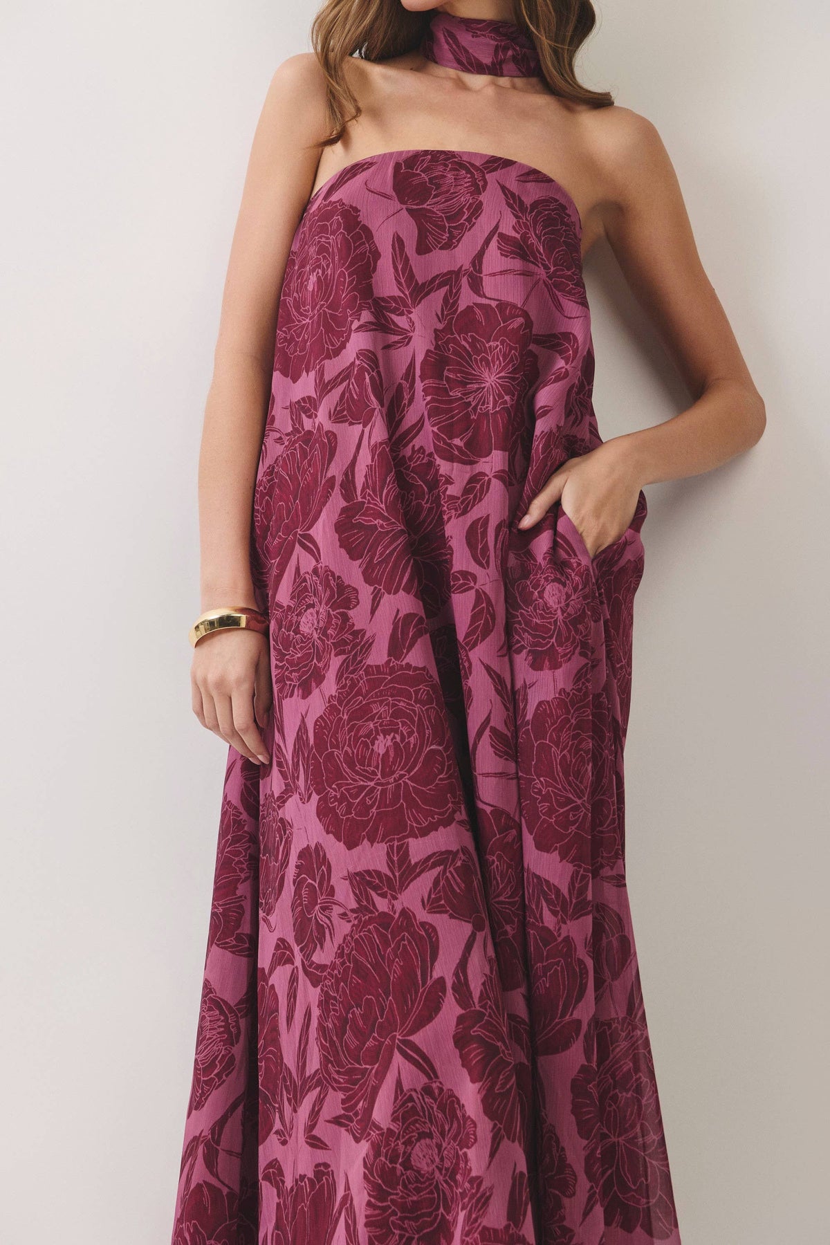 Floral Print Scarf Burgundy Maxi Dress