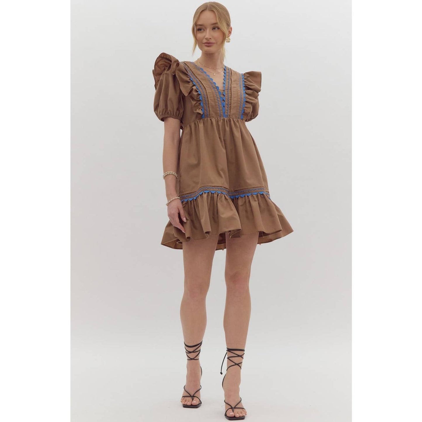 Mocha Dress with Blue Scalloped Thread