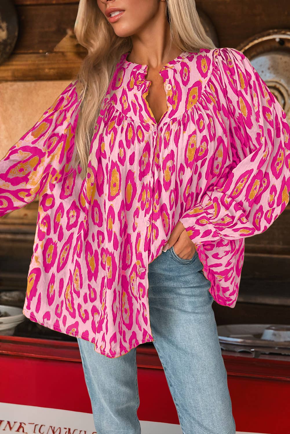 Oversized Leopard Print Balloon Sleeve Top