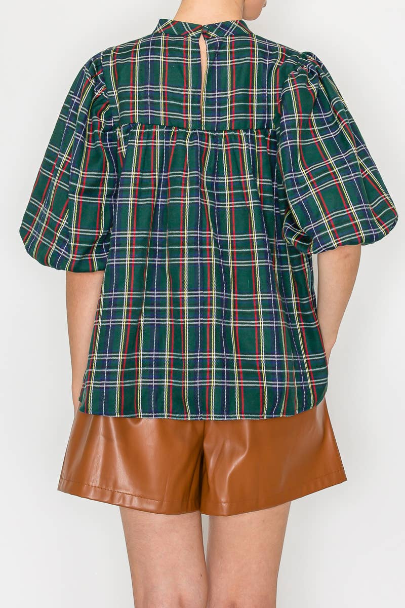 Holiday Plaid Bubble Sleeve Top