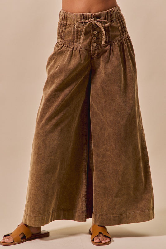 Mid-Rise Corduroy Pleated Wide Leg Pant