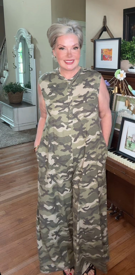 Camo Printed Wide Leg Jumpsuit