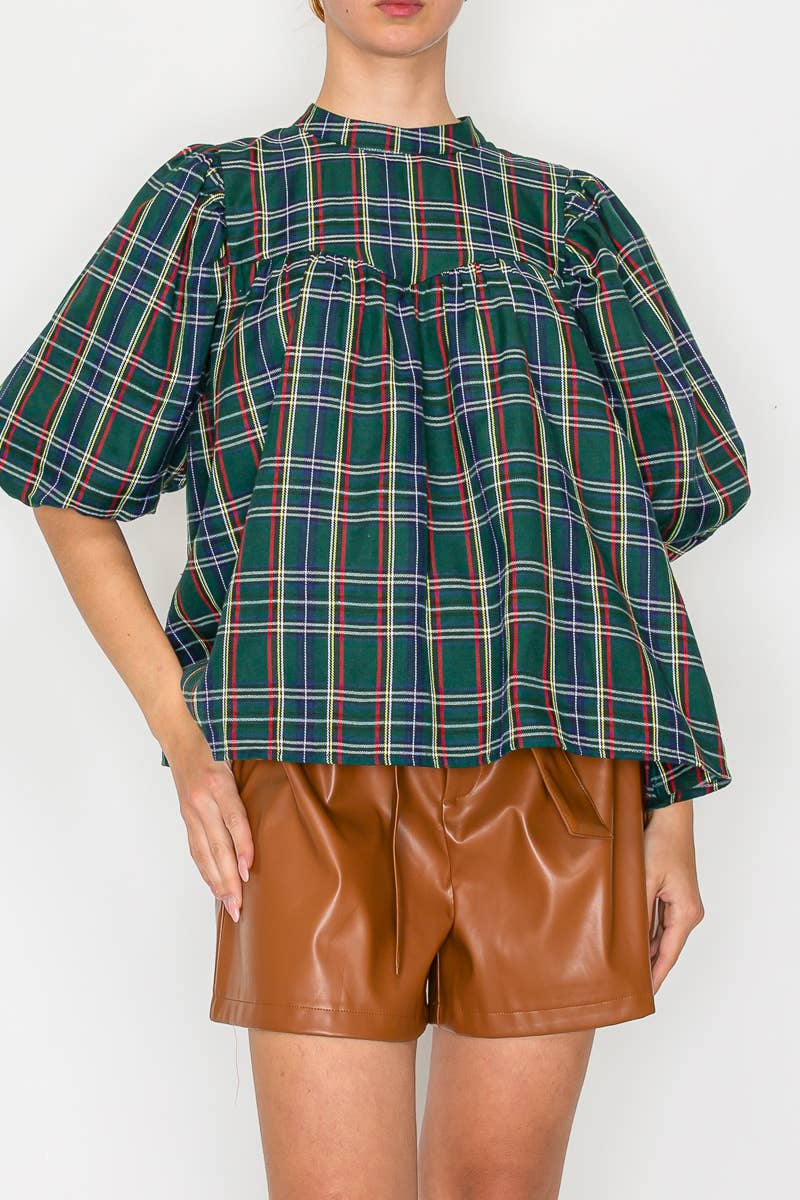 Holiday Plaid Bubble Sleeve Top