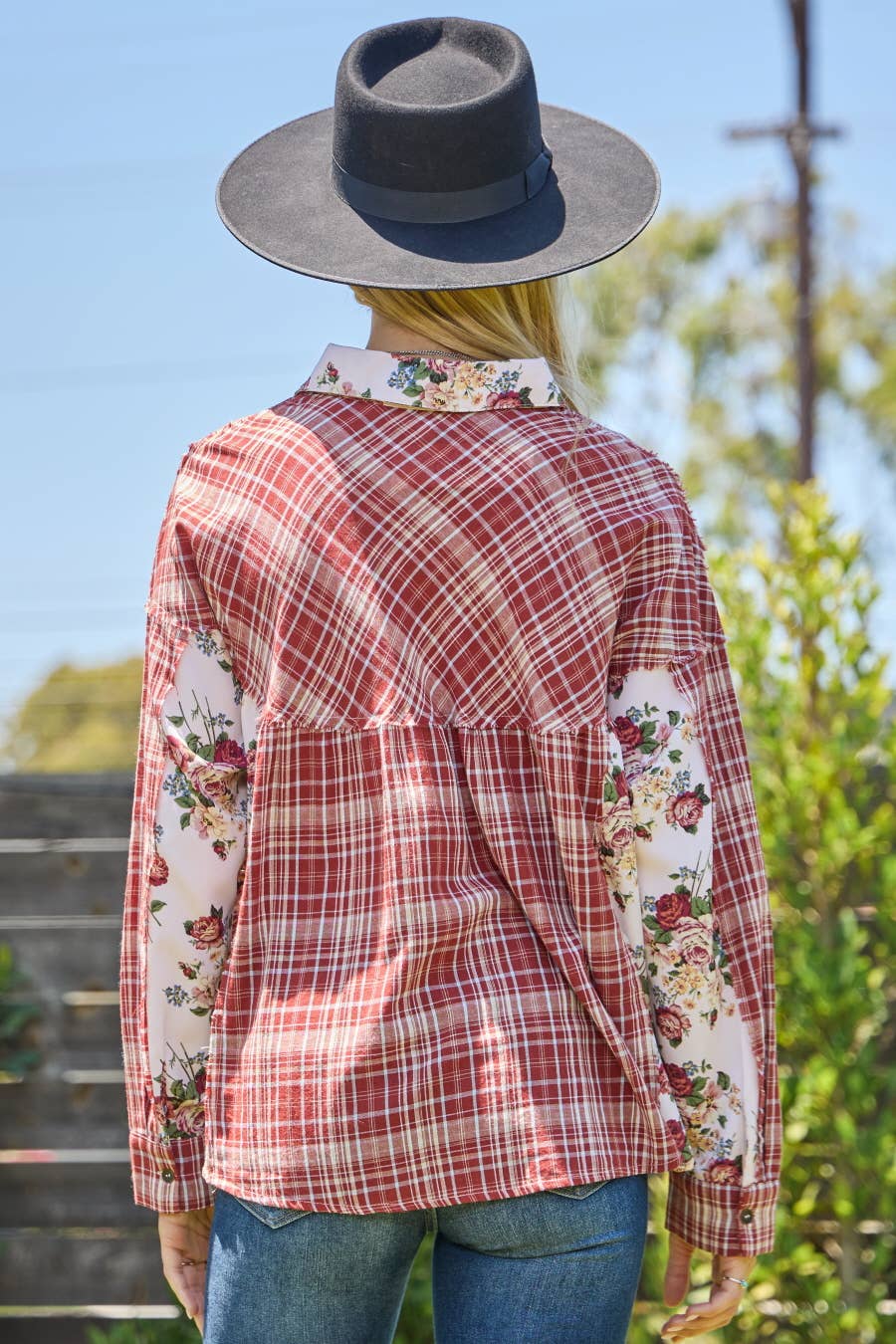 Plaid Floral Print Button Down Shirt