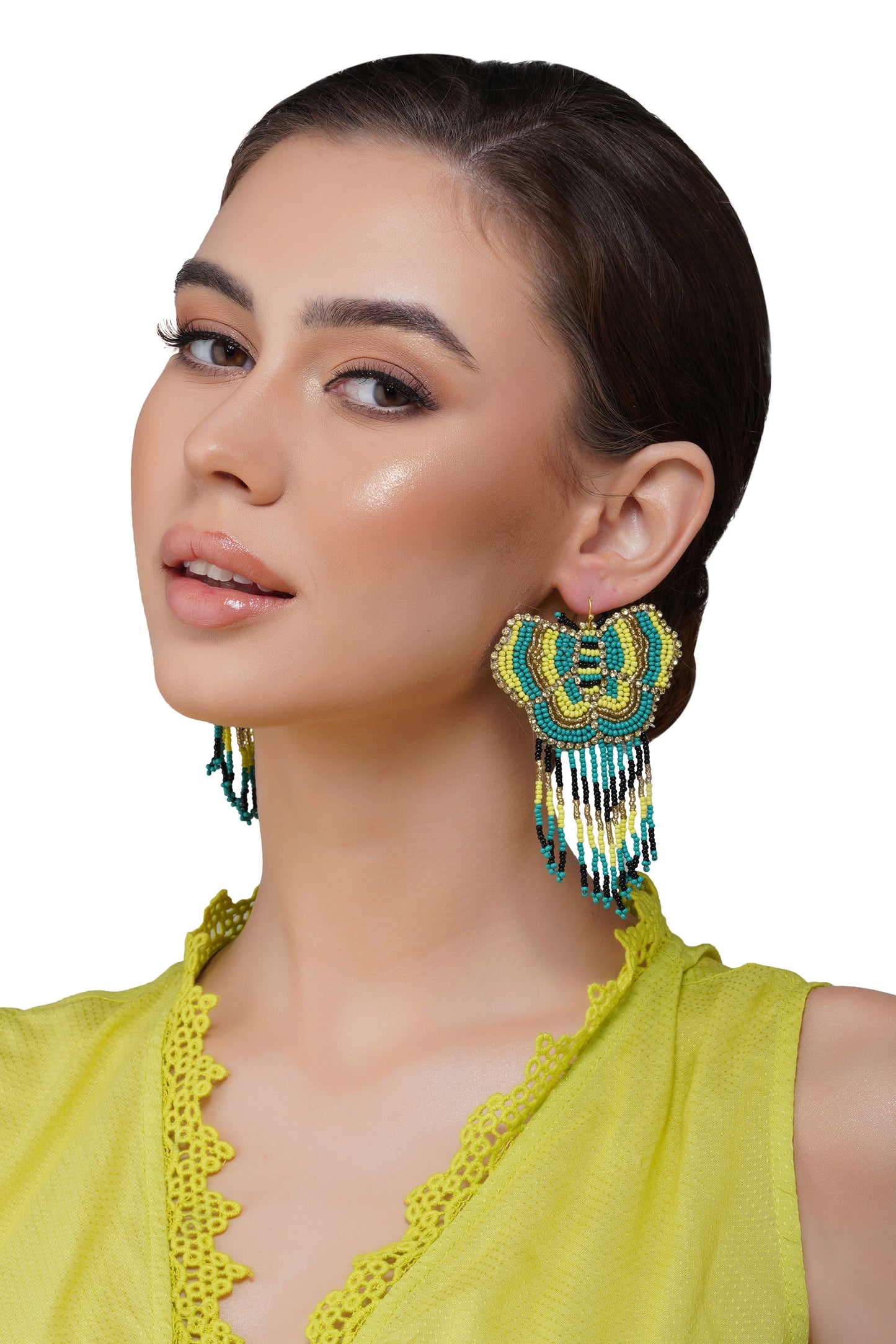 Green Beaded Butterfly Earrings