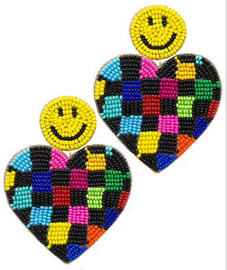 Checker Heart Smiley Earrings