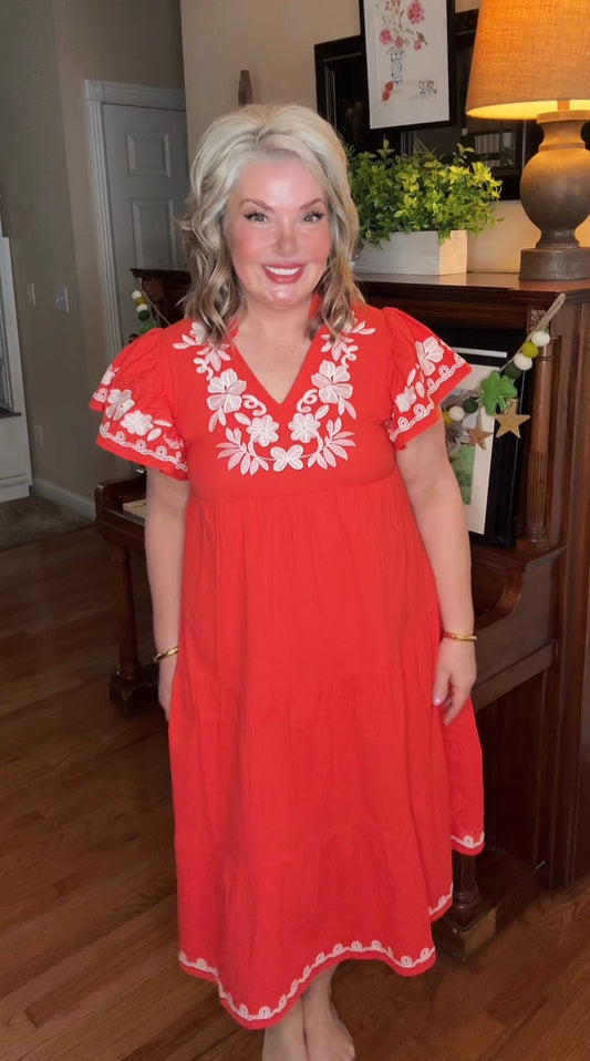 THML Sierra Embroidered Flutter Sleeve Dress