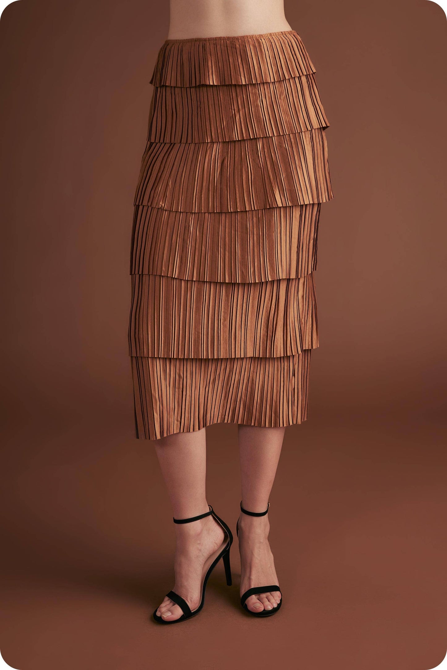 Pleated Satin Tiered Midi Skirt