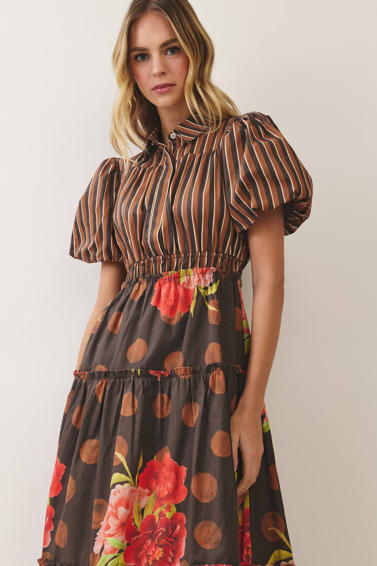 Chocolate Mixed Print Puff Sleeve Tiered Midi Dress
