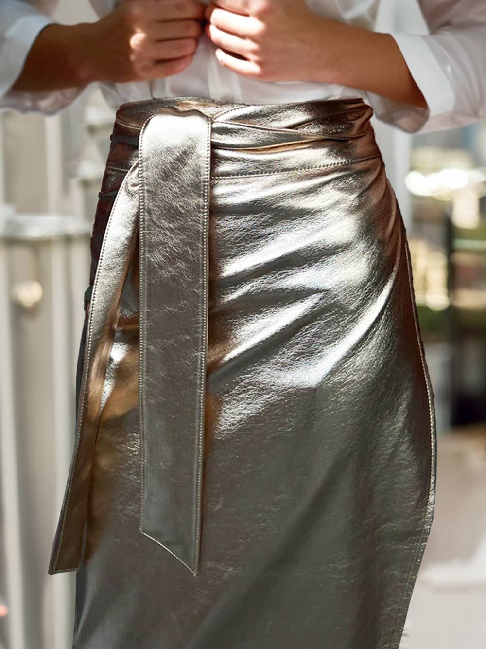 Metallic Leather Knotted Wrap Midi Skirt