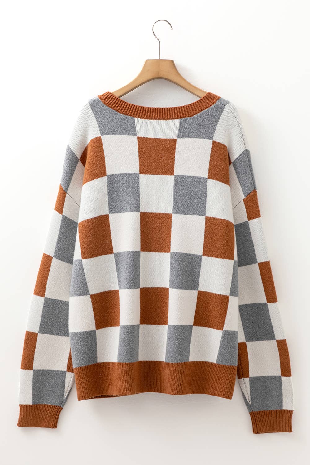 Brown Colorblock Checkered Plus Size Sweater