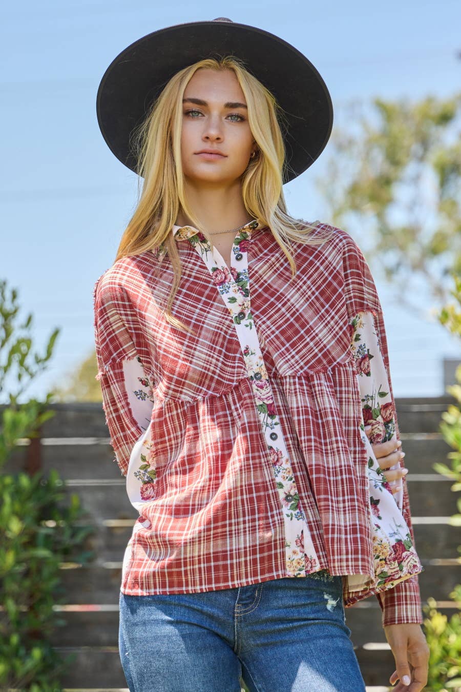 Plaid Floral Print Button Down Shirt