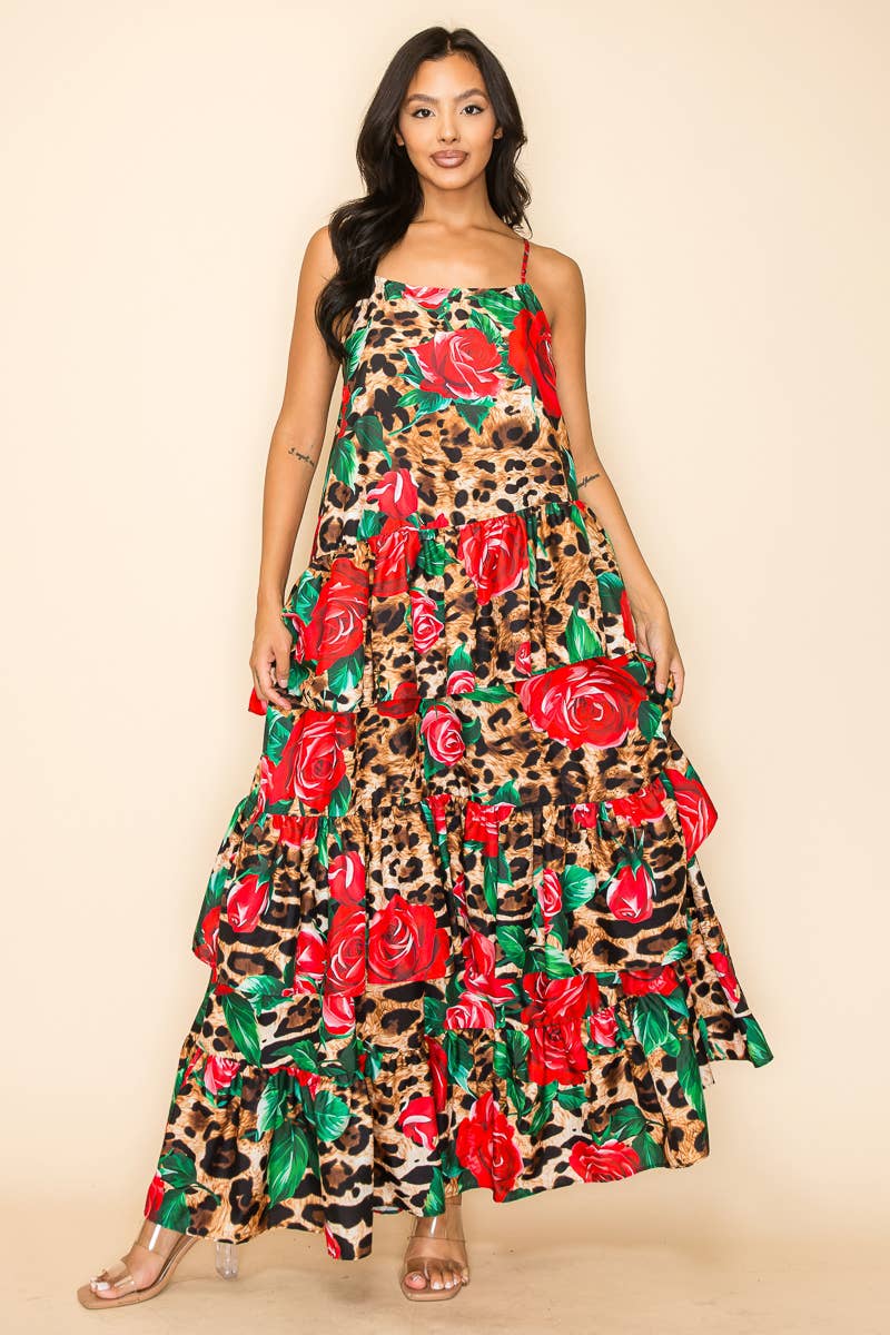 Bouquet of Roses Ruffle Maxi Dress
