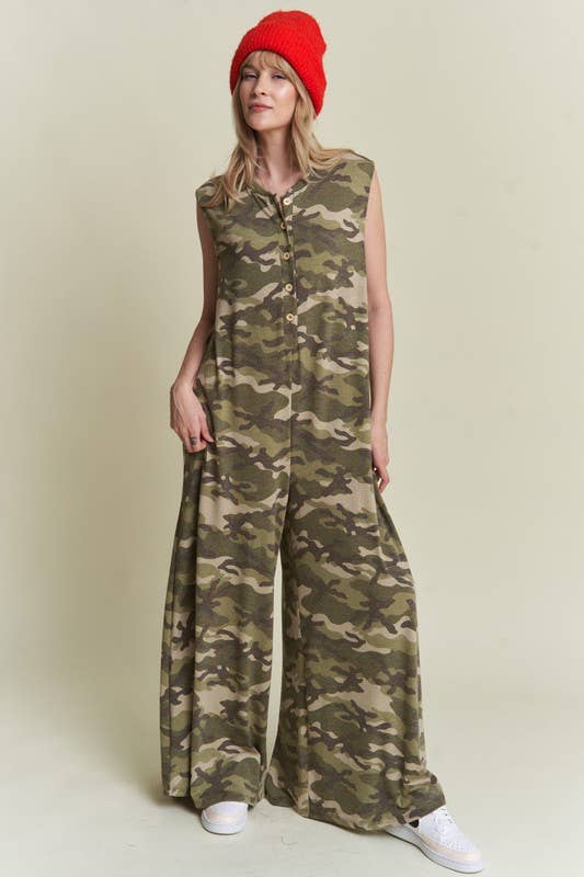 Camo Printed Wide Leg Jumpsuit