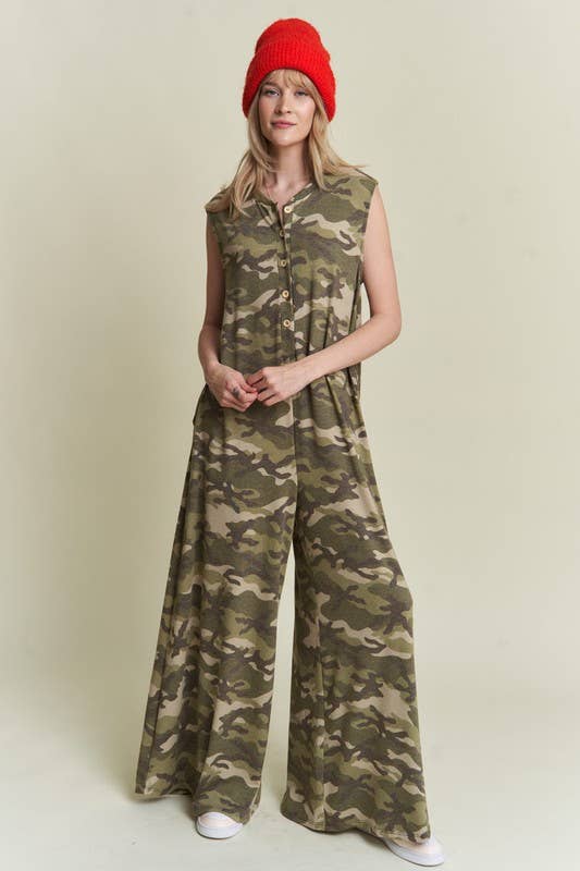 Camo Printed Wide Leg Jumpsuit