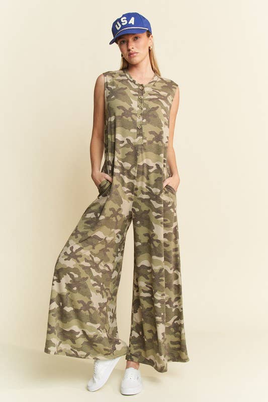 Camo Printed Wide Leg Jumpsuit