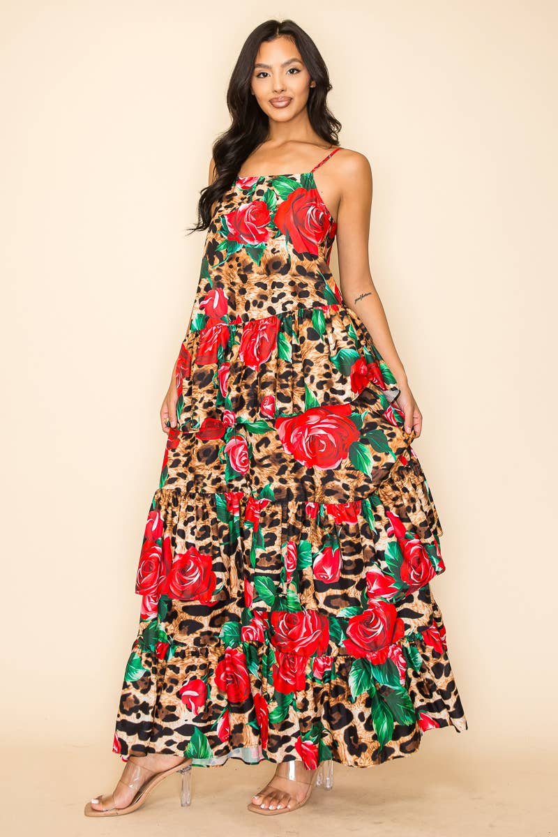 Bouquet of Roses Ruffle Maxi Dress