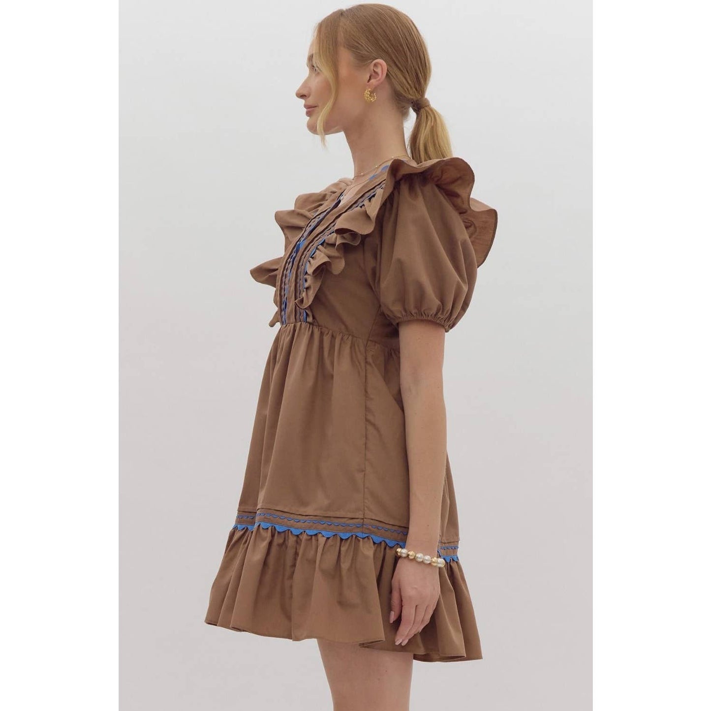 Mocha Dress with Blue Scalloped Thread