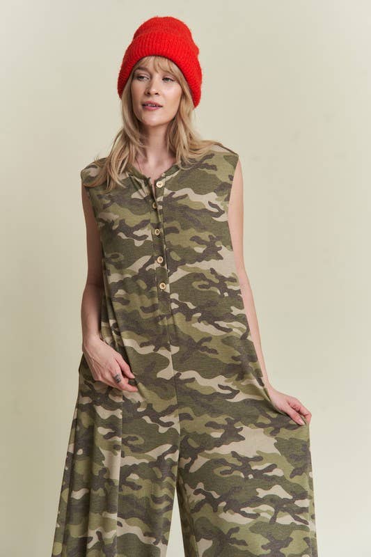 Camo Printed Wide Leg Jumpsuit