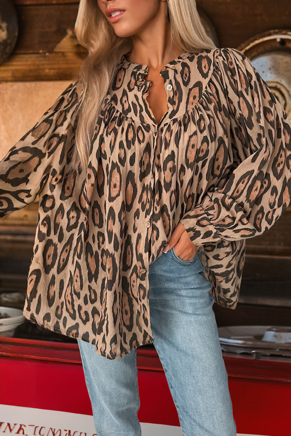 Oversized Leopard Print Balloon Sleeve Top