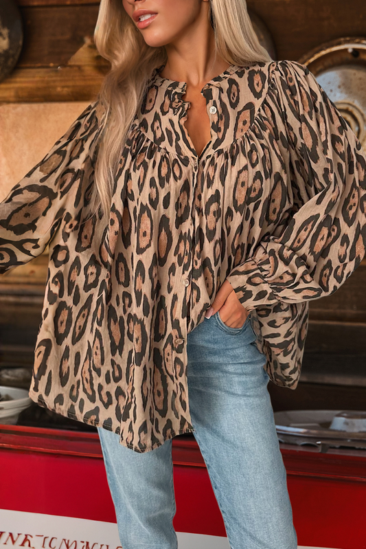 Oversized Leopard Print Balloon Sleeve Top