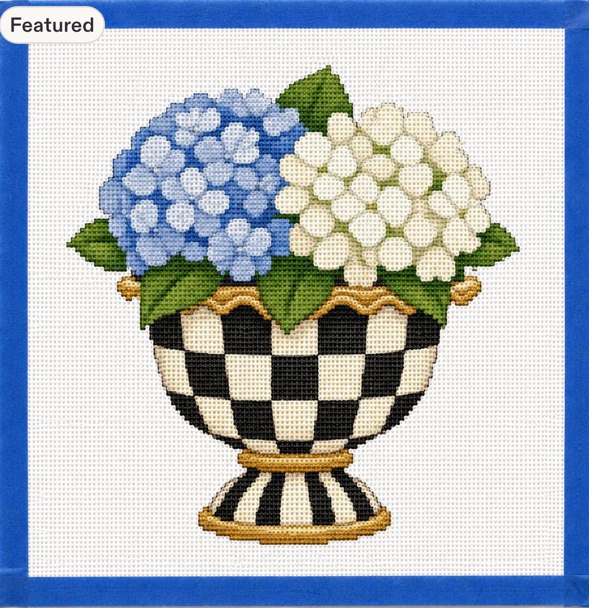 Inspired Checked Hydrangeas Printed Needlepoint Canvas