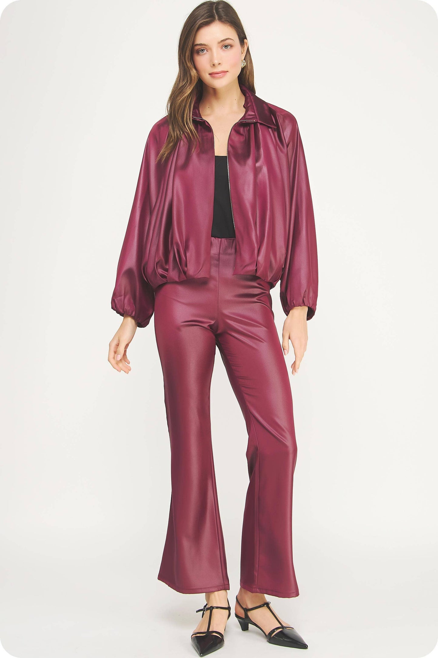 Burgundy Satin Flare Pants