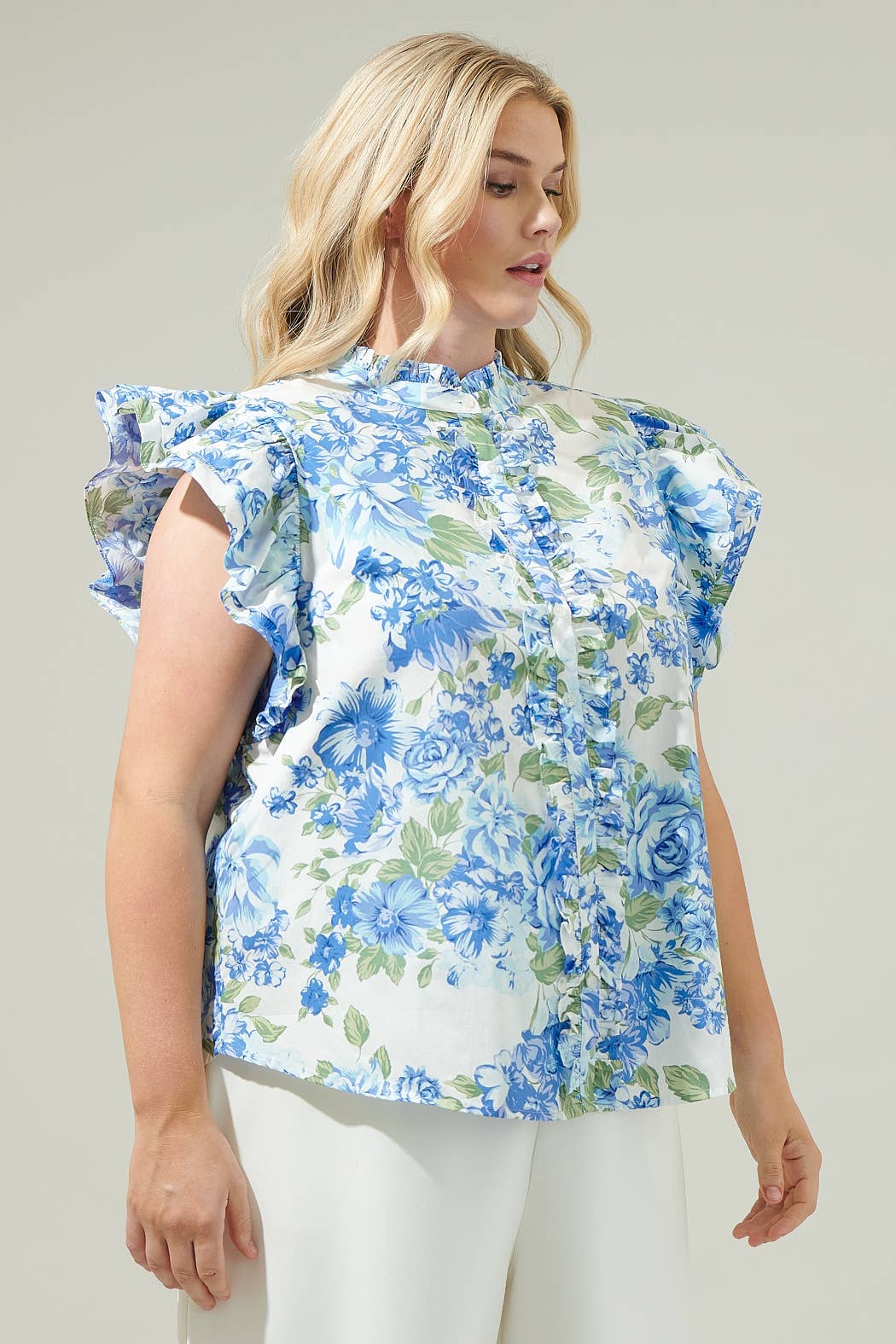 Truth Be Told Blue Floral Sleeveless Ruffle Top