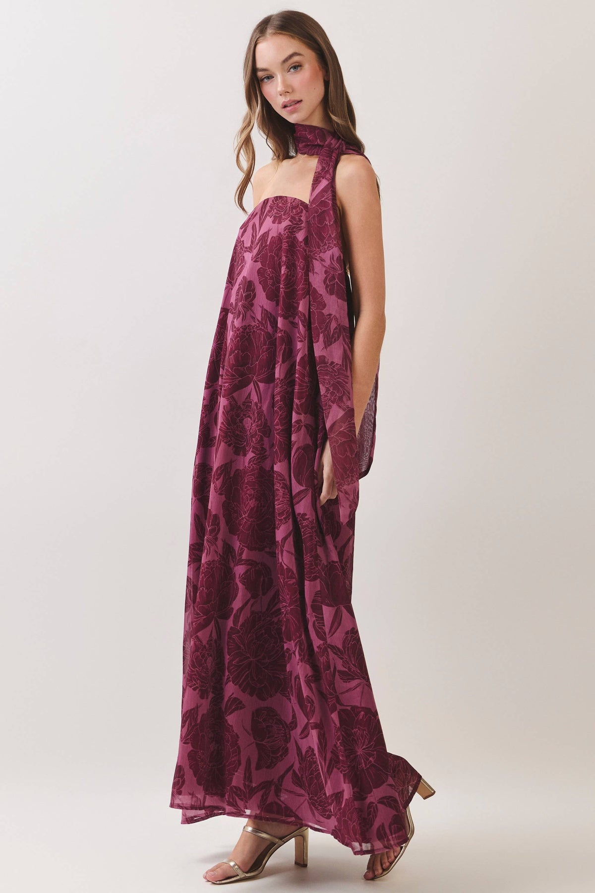 Floral Print Scarf Burgundy Maxi Dress