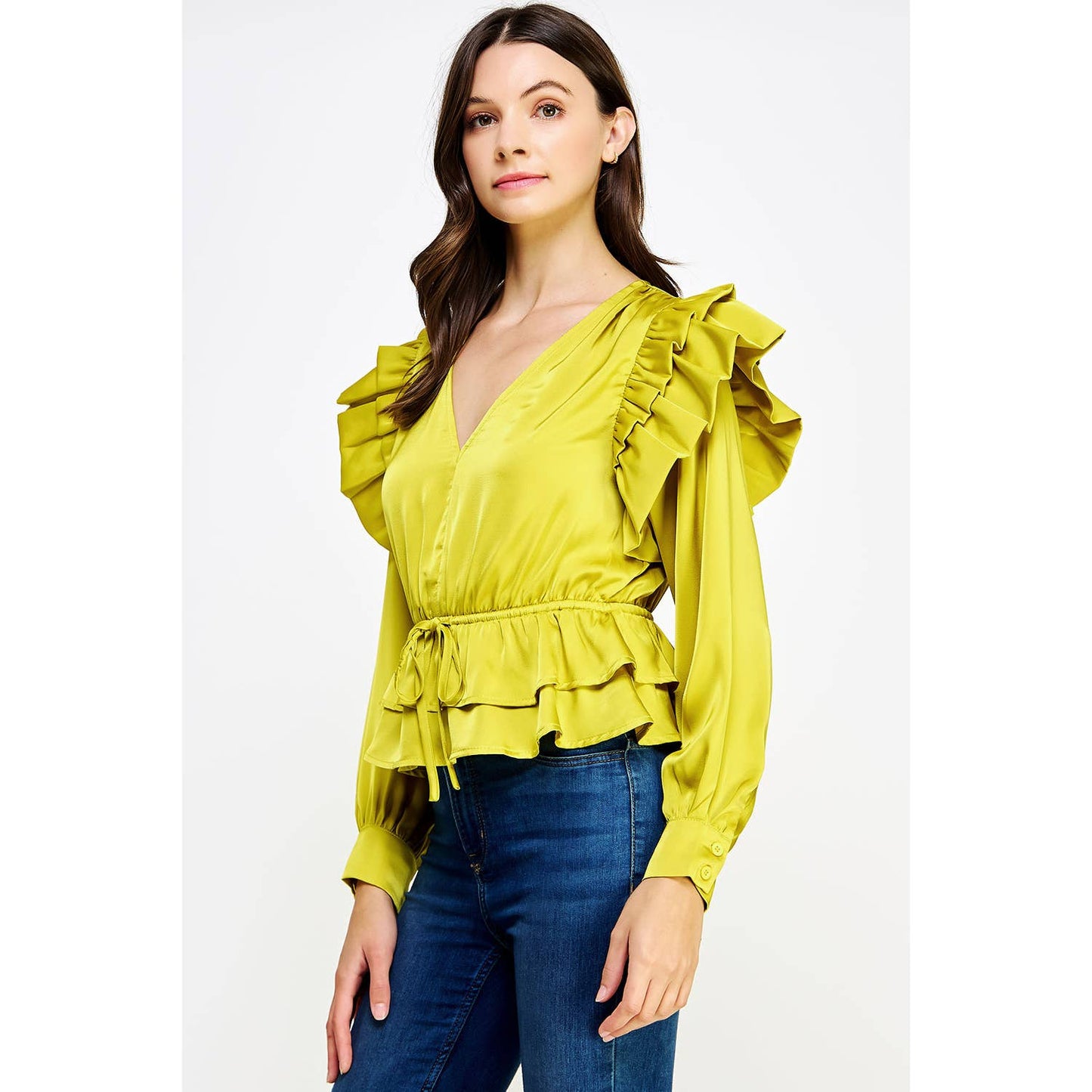 Chartreuse Satin Ruffle Shoulder Blouse