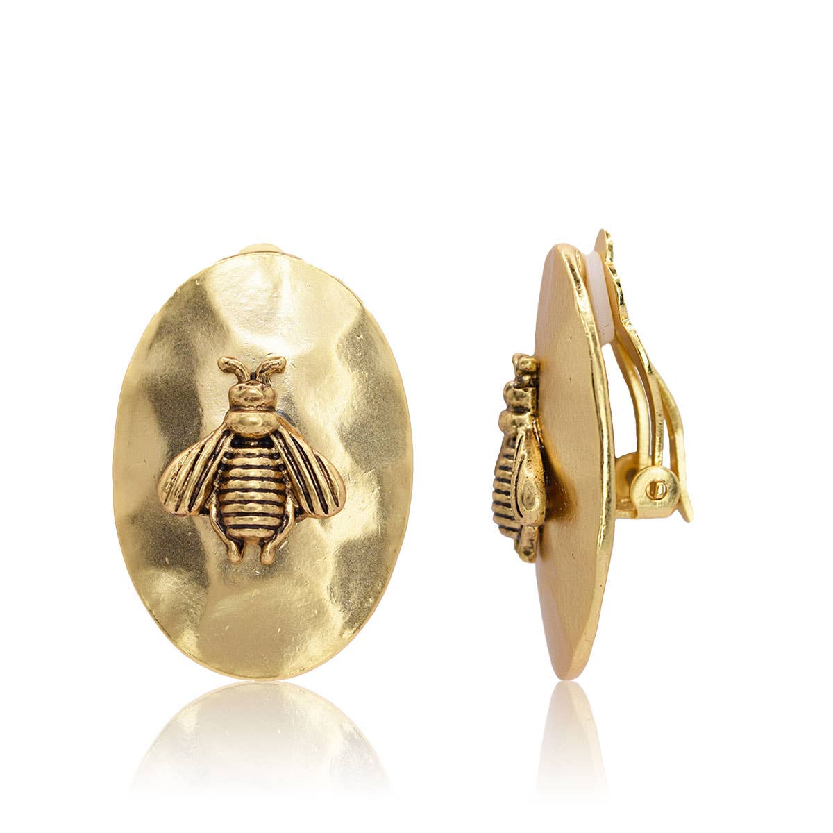 Oval Clip-on Earrings with Bumblebee Accent - 24K Gold Plate