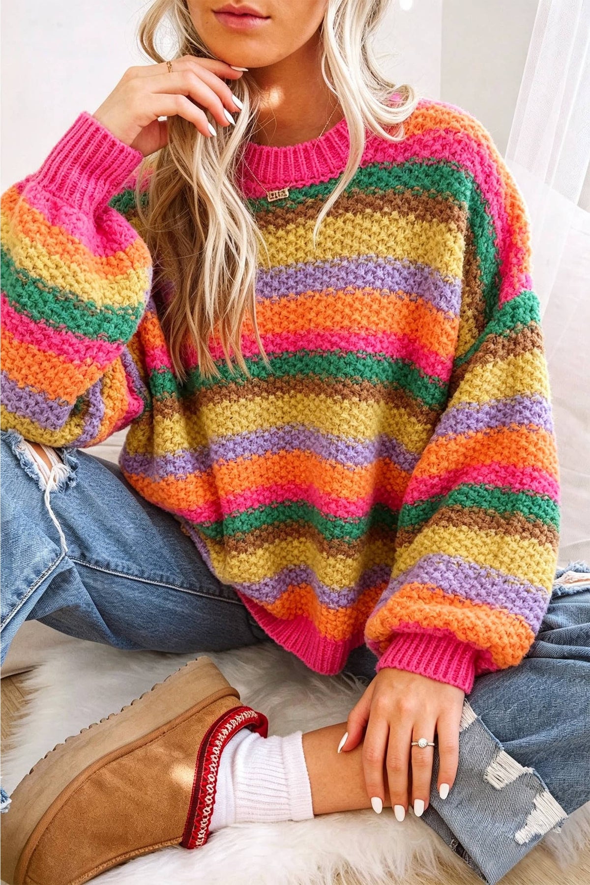 Brinlee Striped Knit Round Neck Puff Sleeve Sweater