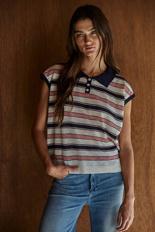 Knit Sweater Striped Collared Top